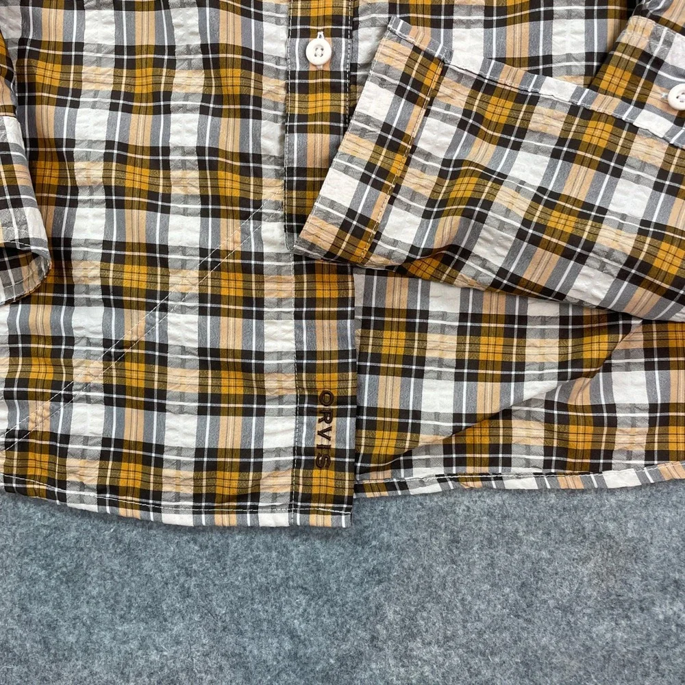 Orvis Mens Shirt L Plaid (Yellow, White, Brown, Gray) Plaid Long Sleeve
